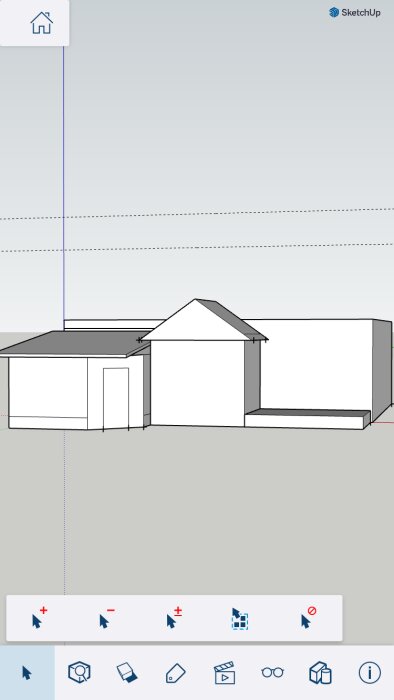 3D-ritning av hus i SketchUp-programvara, enkelt, wireframe-vy, användargränssnitt synligt.