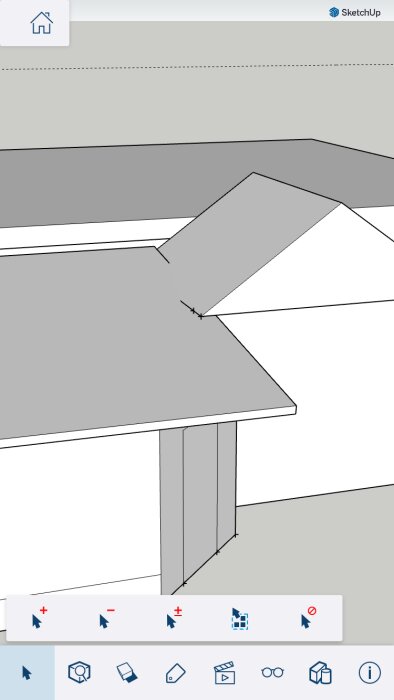 3D-modelleringsgränssnitt i SketchUp med enkla geometriska former och verktygsfält.