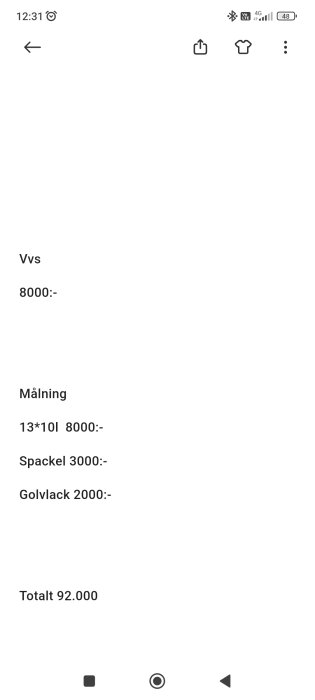 Skärmdump av en telefonskärm som visar en noteringslista med kostnader och en totalsumma.