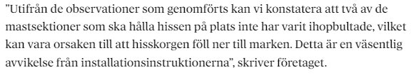 Text på svenska, företagsutlåtande om observationsresultat och orsak till hisskorgsfall.