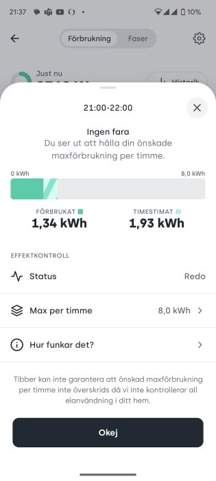 Energianvändningsapp, elförbrukning per timme, 1,34 kWh förbrukat, 8,0 kWh max, säkerhetsnotis.