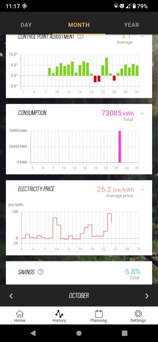 Mobilskärmbild visar elförbrukning, elpris, sparande över en månad. Diagram och statistik i en app.