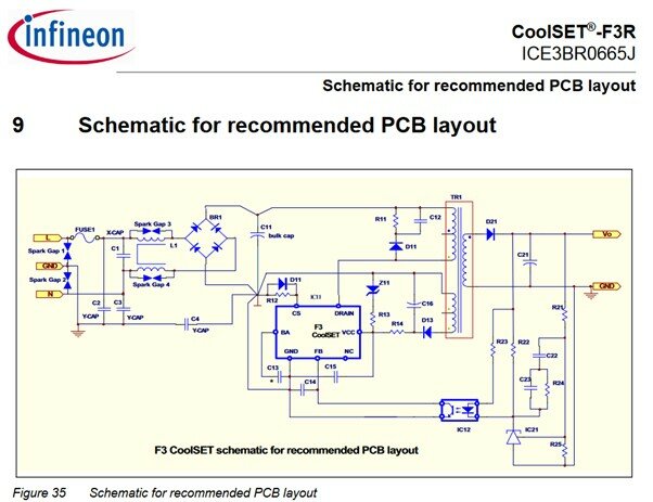 Elektroniskt kretsschema för rekommenderad PCB-design från Infineon, innefattar kondensatorer, motstånd och andra komponenter.