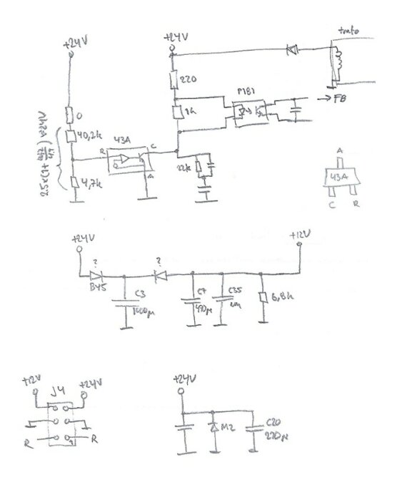 Handritad elektronisk kretsschema med olika komponenter, resistanser, transistorer och spänningar noterade.