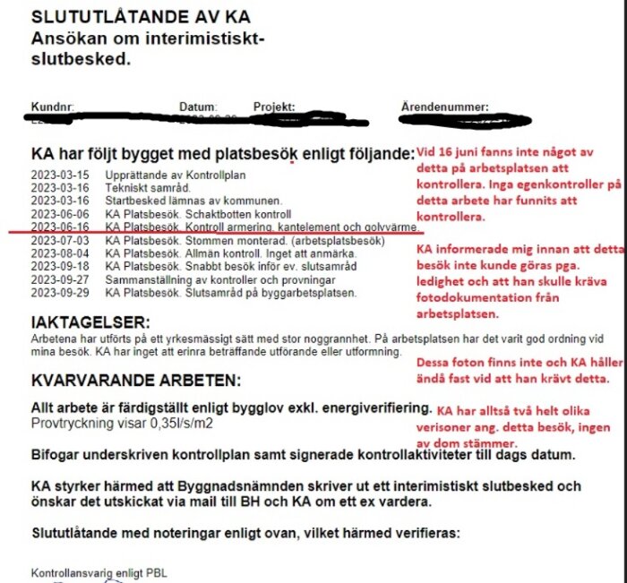 Svensk text, röda markeringar, revisionsrapport eller byggdokumentation, ändringsförslag, datum och beskrivningar.