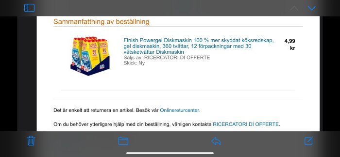 Beställningssammanfattning, diskmedel, 4,99 kr, möjlighet att returnera, online kontaktinformation.