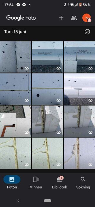 Skärmdump av Google Foto-app med bilder på betongblock och skador eller sprickor.