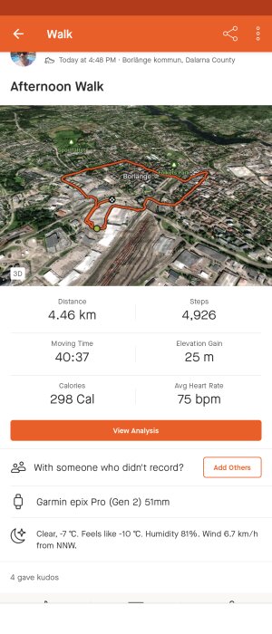 Eftermiddagspromenad i Borlänge; 4.46 km, 4926 steg, kartvy och träningsstatistik syns.