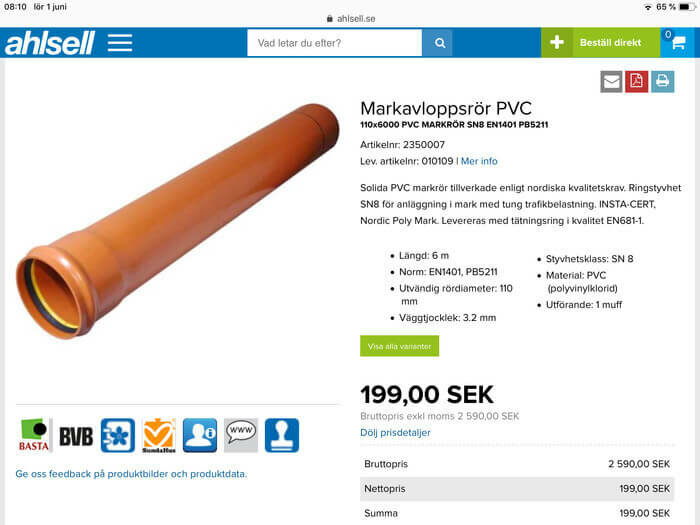 En skärmdump från Ahlsell-webbplats som visar en PVC markavloppsrör med specifikationer och pris på 199,00 SEK.