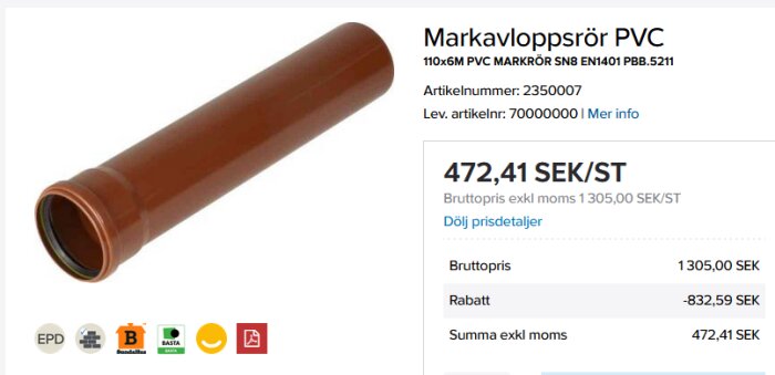 Brun PVC markavloppsrör, webbsida med artikelnummer, prisinformation, rabatt och certifieringssymboler.