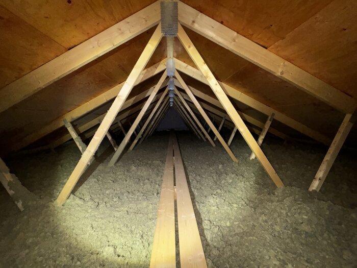 Bild på en välisolerad vind med träbjälkar och isoleringsmaterial synligt under taket.