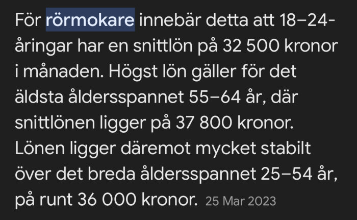 Text om rörmokares löner i Sverige efter ålder, snittlön varierar mellan 32 500 och 37 800 kronor.