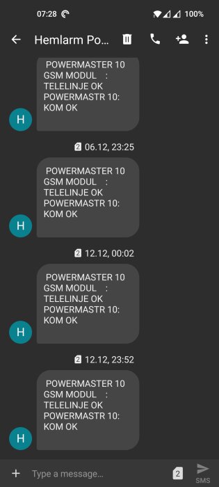 SMS-meddelanden från hemlarmssystem; systemstatusrapporter; GSM-modul och telefonlinje i skick.