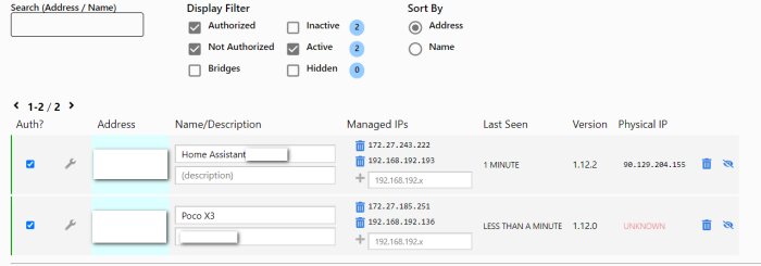 Gränssnitt för enhetshantering med filter, sortering och enhetslista inklusive IP-adresser och statusinformation.