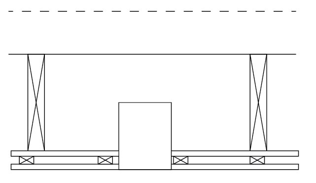 Tvådimensionell ritning av en bro med pelare och stag, linjär och förenklad stil.