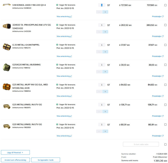 Skärmdump av en beställningslista med olika VVS-artiklar och deras priser i SEK.