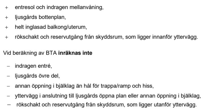 Svensk text beskriver vad som ingår, respektive inte ingår, i beräkningen av BTA.