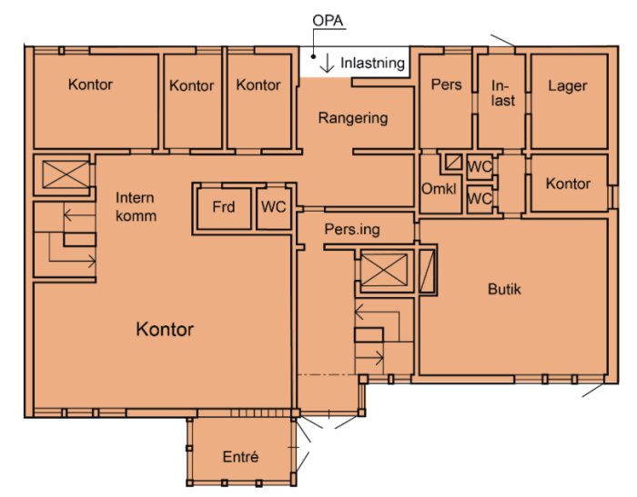 Planritning av en byggnad med kontor, lager, butik och WC. Entré markerad, flera rum och korridorer synliga.