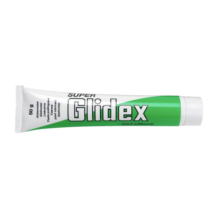 Ett grönvit rör märkt "SUPER Glidex med silikone", frostsäkert glidmedel för packningar och tätningar.