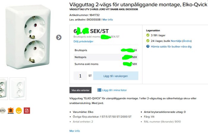 Eluttag, dubbla, vit, för utomhusbruk. Webbsida, produktinformation, lagersaldo, pris med rabatt markerat, "lägg till i varukorgen"-knapp.