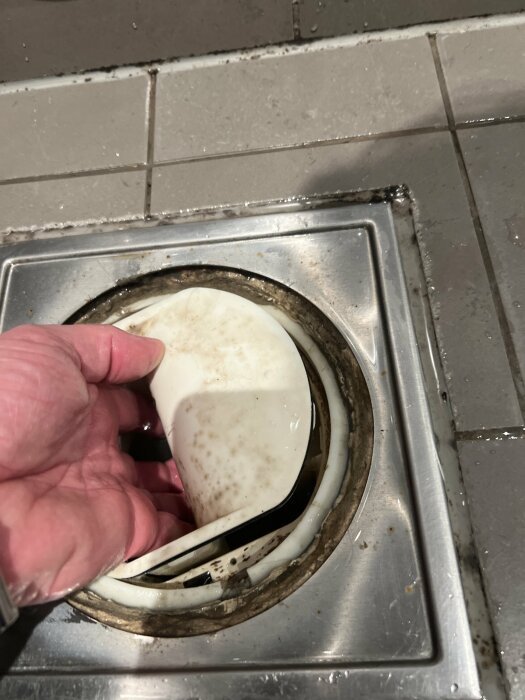 Hand håller en smutsig avloppssil ovanför ett golvbrunn i en kaklad dusch.