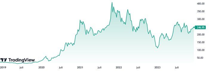 Aktiemarknadsgraf som visar prisförändringar över tid, från 2019 till 2023, volatilitet, uppåtgående och nedåtgående trender.