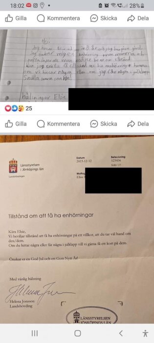 Barns handskrivna brev och formellt svar om tillstånd att ha enhörningar. Innehåller brevhuvuden och signatur.