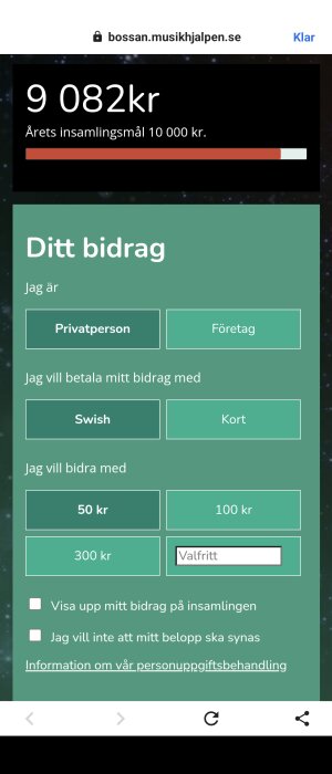Skärmavbild från insamlingswebbplats med mål; alternativ för privatperson/företag, betalning via Swish/kort, och beloppsval.