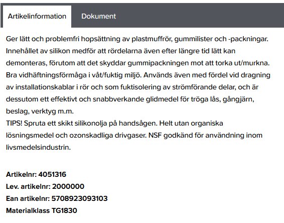 Produktinformation om lätthanterlig silikonolja för plast, gummiskydd, beslag, ledningar, snabbeffekt, utan skadliga ämnen.