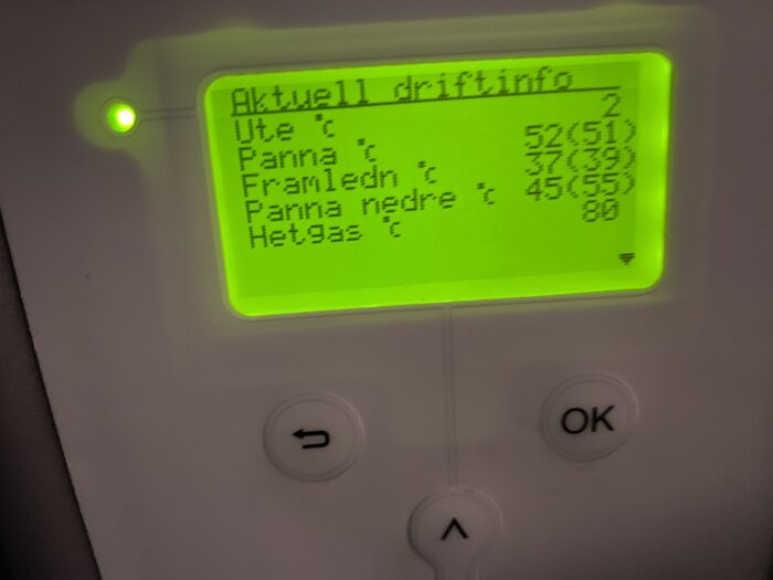 LCD-panel med driftinformation, temperaturvärden, knappar för navigering och bekräftelse.