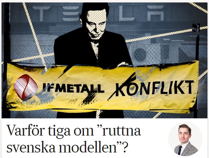 Illustration av man bakom banderoll med text "IF Metall Konflikt", rubrik frågar om svensk modell, grafisk stil.