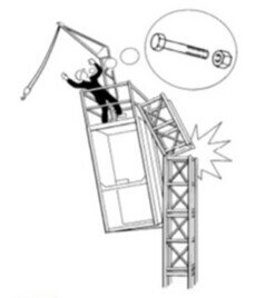 Illustration av en olycka: person faller från en kran, viktskiva orsakar olyckan, komisk stil, svartvitt.