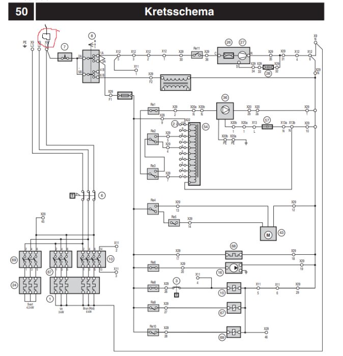 Elektriskt kretsschema som visar olika komponenter och anslutningar, troligen för maskin eller anläggning.