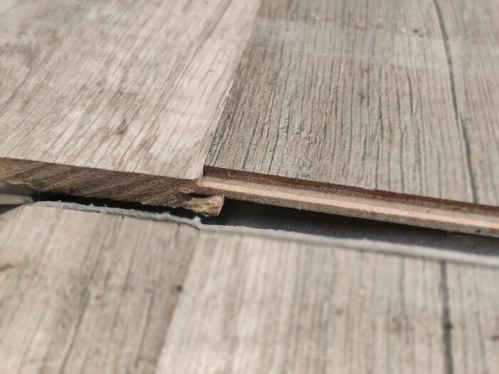 Trägolv med skadad planka, uppstickande kant, behöver reparation eller utbyte.