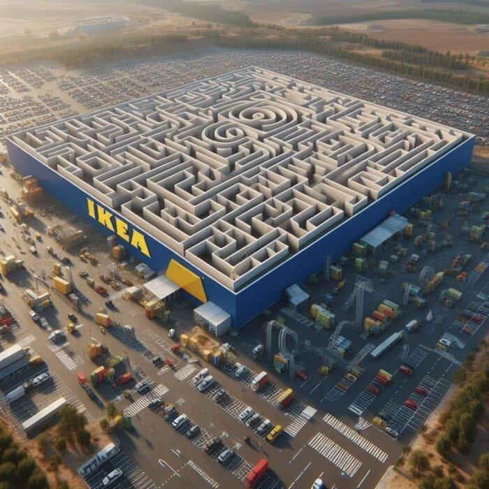 Ett IKEA-varuhus formad som en gigantisk labyrint, omringad av parkeringsplatser och lastbilar, troligen manipulerad bild.