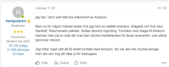 Användarforumspost där någon beskriver en dålig upplevelse med Amazon och känner sig lurad.