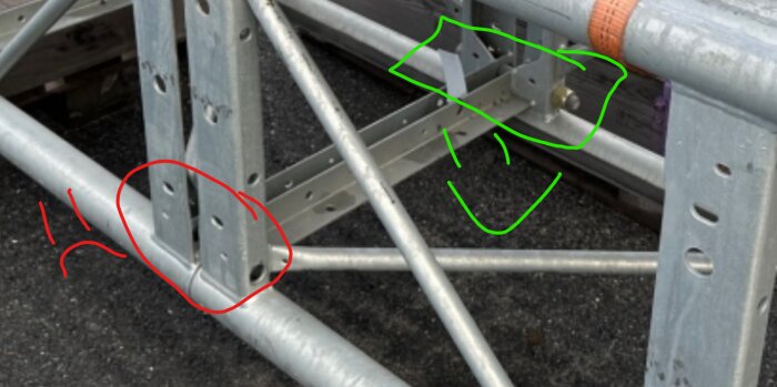 Metallställning med markerade fästpunkter; möjligen en instruktion eller felanalys.