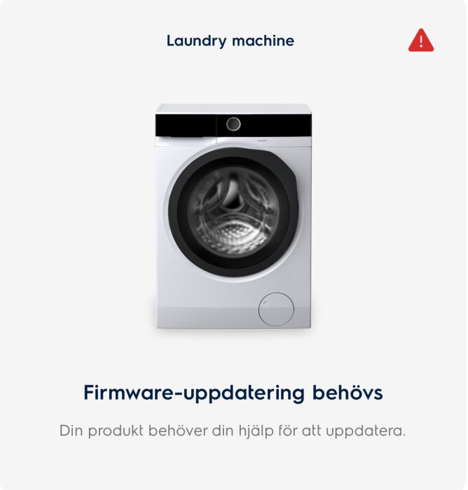 Tvättmaskin, uppmärksamhetssymbol, firmware-uppdatering behövs, interaktiv skärm eller app.