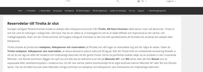 Webbsida med text om reservdelar till vedspisar och kökspannor från Tirolia, informerar om produktionsstopp och alternativ.