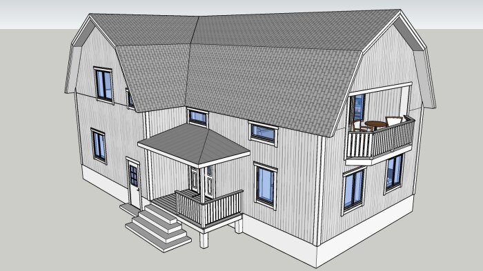 3D-modellerat hus, två våningar, sadeltak, veranda, balkong, minimalistisk stil, grått och vitt.