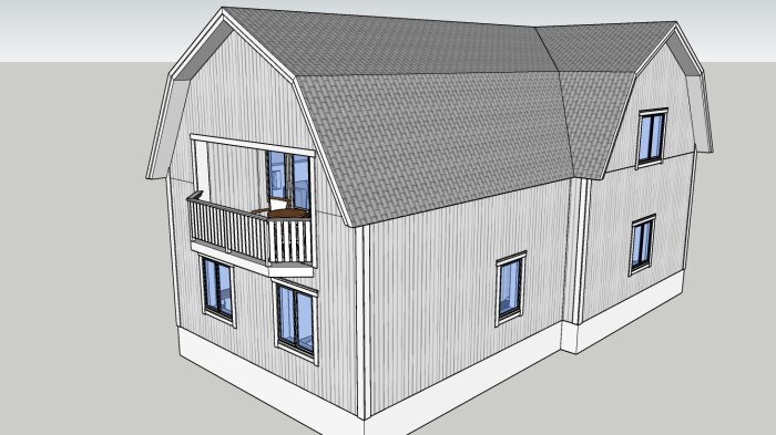 3D-modell av ett hus med sadeltak, balkong, flera fönster, i enkel grafisk stil.