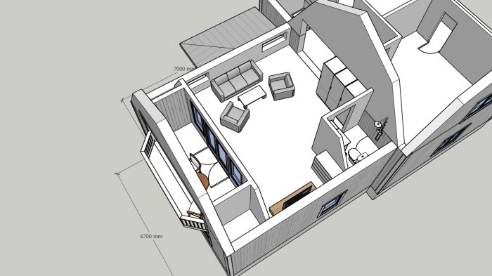3D-modell av en lägenhet med mått, möbler, sovrum, vardagsrum och kök.