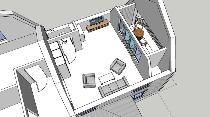 3D-modell av modernt vardagsrum och kök, ljus, öppen planlösning, minimalistisk design.