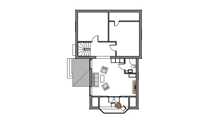 Det är en arkitektonisk planritning av en lägenhet med möblering och trappa, ritad i 2D-perspektiv.