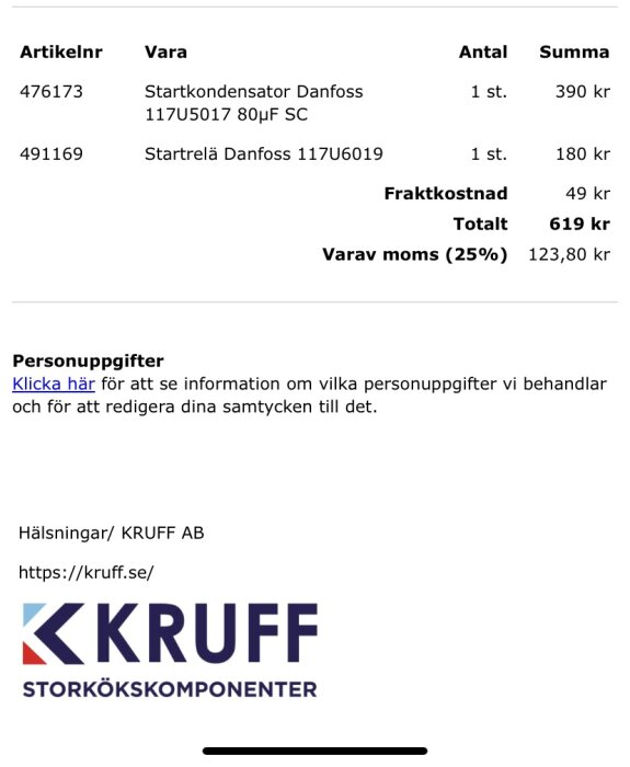 Fakturautdrag på svenska med två varor från Danfoss, fraktkostnad, totalbelopp inklusive moms, länk till personuppgifter, företagslogo.