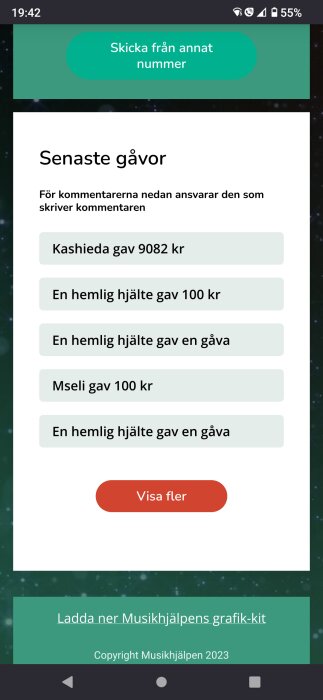 Skärm för donationer, anonyma givare, kommentarer, knappar för handlingar, mobilapp, Musik hjälpen 2023.