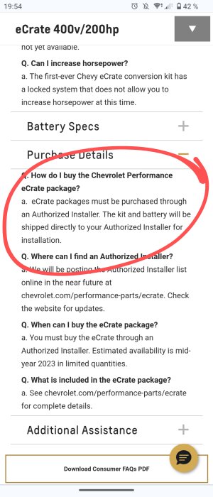 Skärmdump av en FAQ-sektion om Chevrolets eCrate konverteringskit: Köpinfo, installationsdetaljer och tillgänglighetshänvisning.