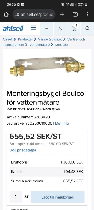 Webbsida som visar en monteringsbygel för vattenmätare till salu, med prisinformation på Ahlsell's webbutik.