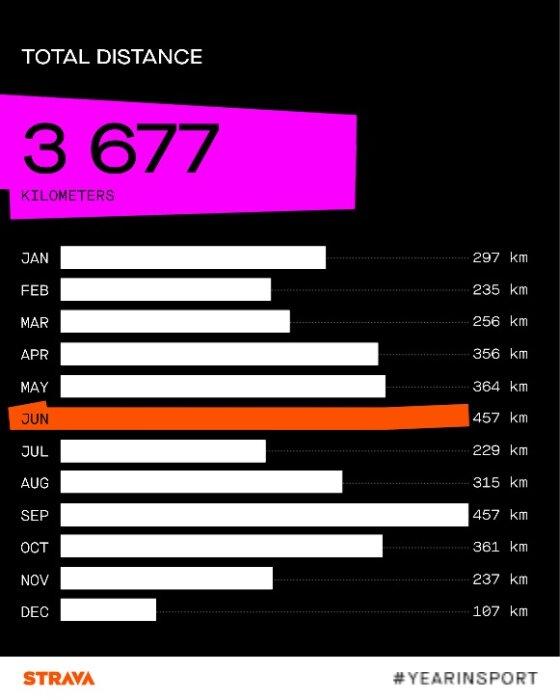 En graf översikt över årsmässig totalsträcka på 3 677 kilometer, indelad per månad, från en sportapp.