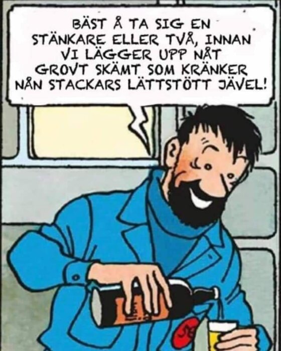 Tecknad bild, man häller öl, pratbubbla med ironisk text, humoristisk ton, karaktär med skägg.